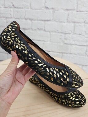Vionic Carol Ballet Flats Black Gold Metallic Women's 8.5 Comfort Arch Support